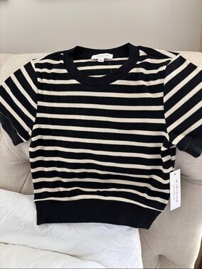 Kinloug Black & Cream Striped Short Sleeve Knit Tee